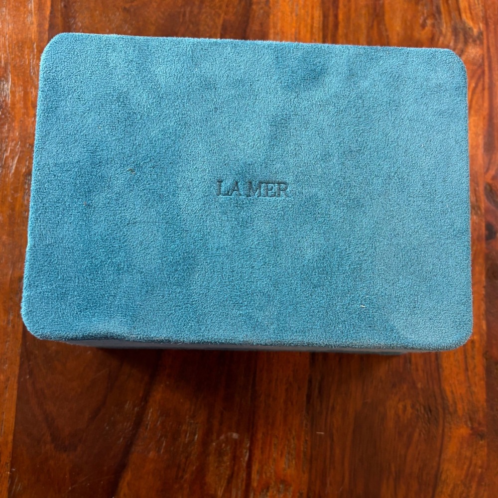 La‎ Mer Teal Blue Velvet Luxury Jewelry Skincare Storage Box Case Hinged Lid